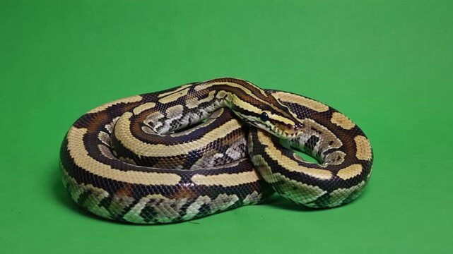 A stunning "Super Pastel" ball python, showcasing its intricate light brown, cream, and dark patterns, coiled tightly with its head slightly raised on a green background. green screen snake video