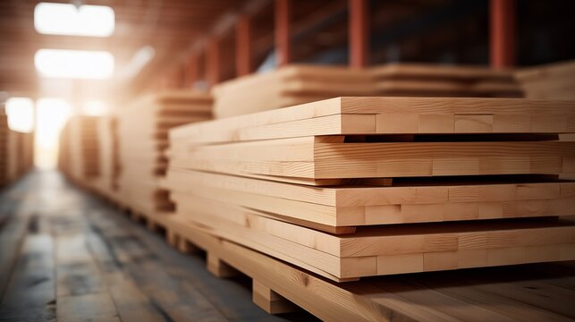 Close-up of Stacked Wooden Planks in a Bright Industrial Warehouse. Construction material concept for timber industry, sustainable building supplies, and woodworking craftsmanship.