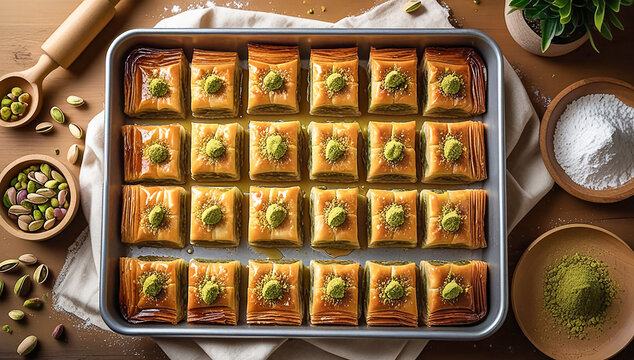Top View of Traditional Pistachio Baklava in Baking Tray on Rustic Wooden Table with Nuts and Baking Ingredients