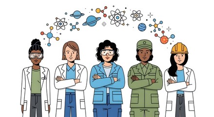 Diverse group of women in science professions isolated on white background