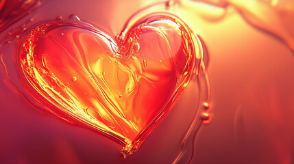A heart made of liquid is shown in a red background. The heart is surrounded by a thin layer of liquid, giving it a shiny and reflective appearance. Concept of warmth and love