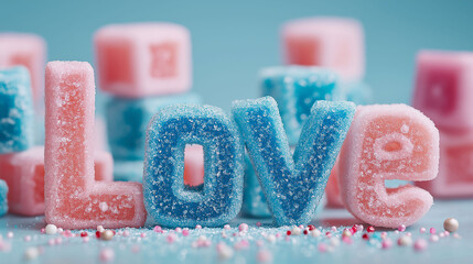 The word "Love" in gummy and sugar candies, pink and blue