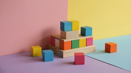 Obraz premium Colorful wooden cubes scattered on pastel background