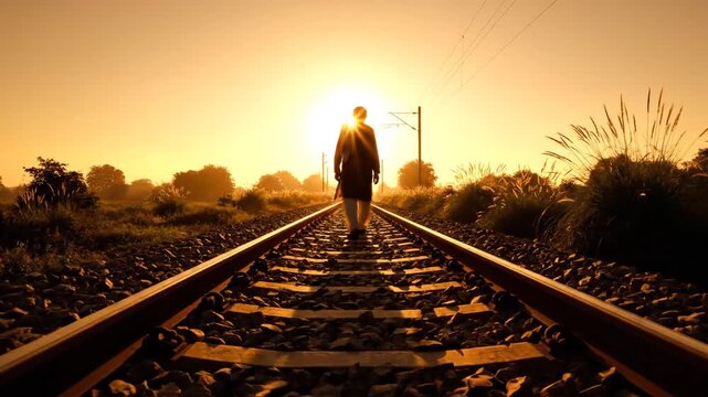 Solitary Walker On Railroad Tracks At Sunset.