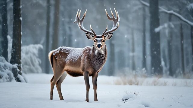 Majestic Stag Standing Proudly in a Snowy Winter Forest Scene Cinematic