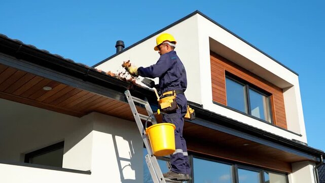 Worker cleaning gutters on a modern house exterior.