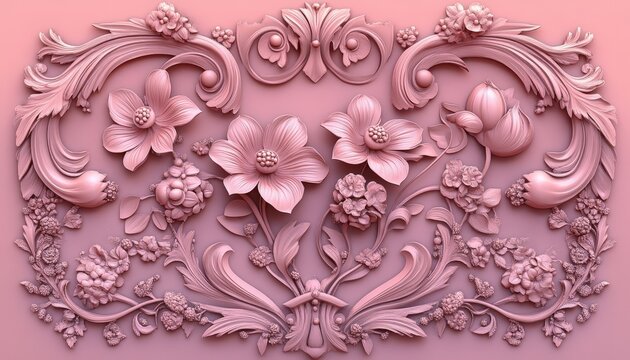 Ornate baroque floral bas relief molding design rendered in monochrome dusty rose