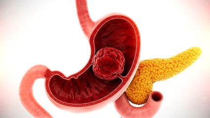 3D render of stomach with gastric tumor and pancreas on white background