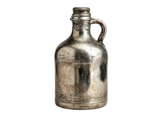 Distressed, tarnished metal bottle with handle and cap, against a black backdrop