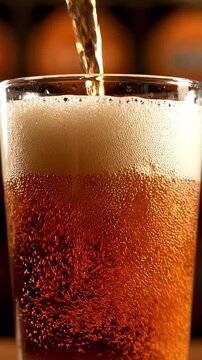 Close-up of pouring cold golden beer into a glass with white foam and bubbles rising in the refreshing yellow liquid