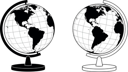 Vector illustration of two desk globes in solid black and outline styles isolated on white background for global travel geography and education concepts.