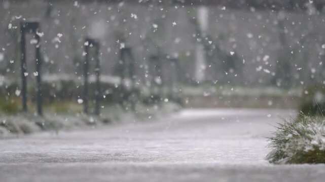 Snow falls gently on the empty pathway in winter