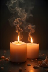 AI Generative. Burning Candles with Elegant Wisps of Smoke in Dark Background. 2