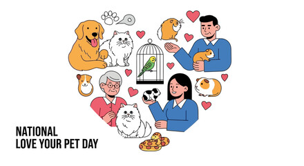 Illustration of people and pets in a heart shape on National Love Your Pet Day in the USA with a veterinarian and a dog, cat, and other animals.