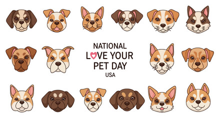 Illustration of multiple dog breeds' faces and a cat for National Love Your Pet Day in the USA with a sketch style on a white background.