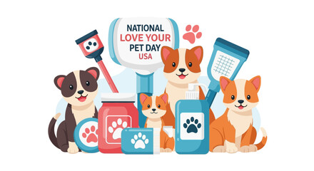 Illustration of pets and pet care items for National Love Your Pet Day in USA with a veterinarian and woman.