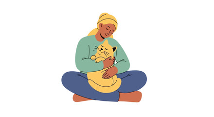 A woman sits cross-legged holding a cat on National Love Your Pet Day in a colorful illustration with a warm and affectionate mood.