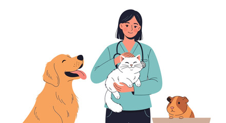 A veterinarian woman holding a white cat with a golden retriever and a brown dog on a table for National Love Your Pet Day in a sketch style with a clean white background.