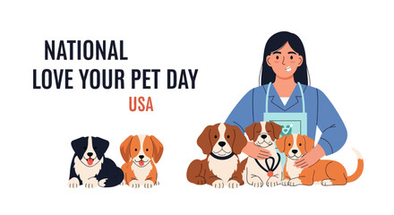 A veterinarian with a blue scrub top and apron surrounded by a diverse group of dogs on National Love Your Pet Day in the USA.