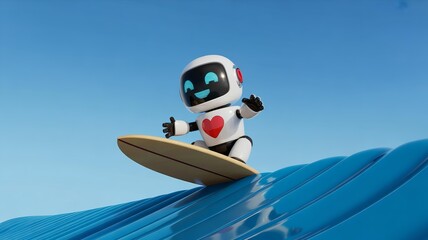 Small white robot with red heart on chest rides surfboard on blue waves against clear sky, symbolizing fun and adventure in a playful and futuristic scene with a sense of freedom and joy always.