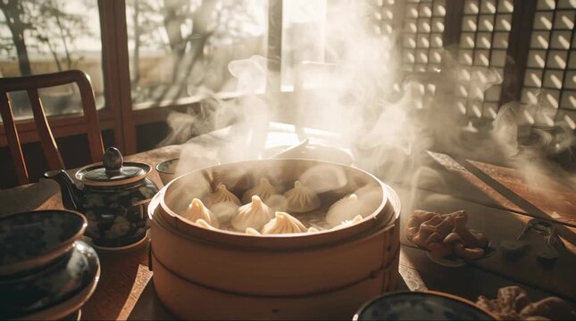 Steaming Hot Dumplings in a Traditional Bamboo Steamer on a Wooden Table.