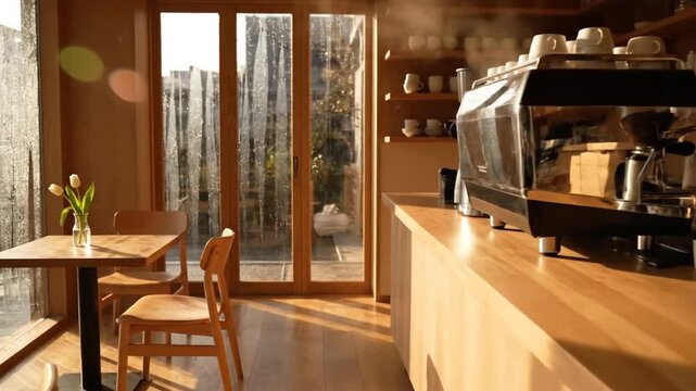 Sunlit Wooden Cafe Interior With Coffee Machine.
