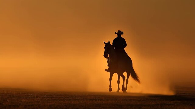 A cowboy riding a horse against a vibrant sunset, casting long shadows on the ground.