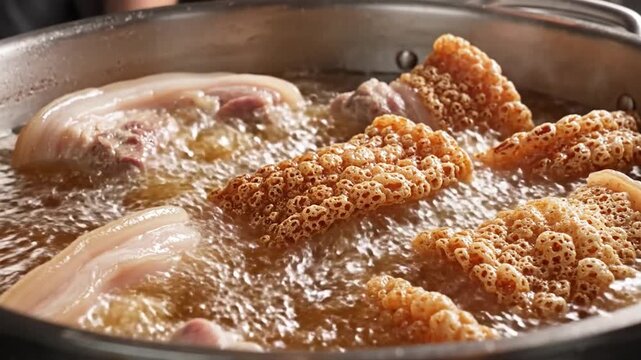 Pork skin and meat pieces frying, turning into golden, bubbly cracklings in hot oil