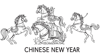 Fototapeta premium Traditional Chinese New Year illustration featuring a mounted warrior and dancing horses.