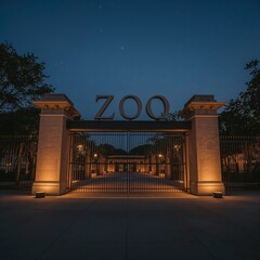 Grand Zoo Entrance at Dusk Serene Blue Hour  with Golden Glow, Modern Sans Serif ZOO Sign, Travel   Tourism Concept