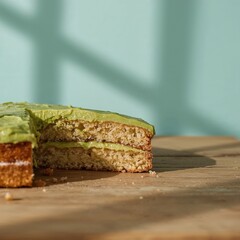 Commercial  Vibrant Avocado Cake with Green Frosting on Rustic Wood, Shallow Depth of Field, Natural Light, Food Photography