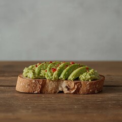 Professional Avocado Toast  Crispy Whole Grain with Red Pepper Flakes on Rustic Table, Minimalist Food Photography