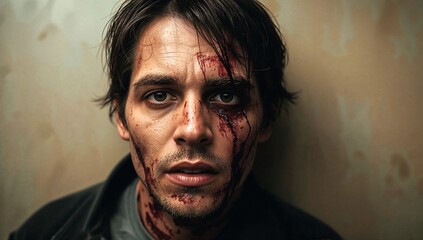 Gruesome Zombie Portrait High Resolution  of Bloodied Male Undead with Sunken Eyes and Deathly Pale Skin for Horror Concepts