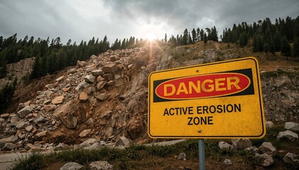 Danger Active Erosion Zone Landslide Warning Sign, Geology, Environmental Hazard, Safety Alert   Risk Management