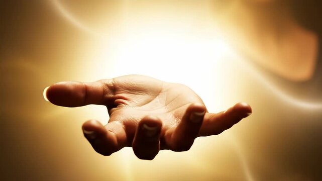 A hand reaching out with fingers spread and a bright light shining through 4k video