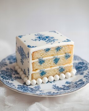 Exquisite Blue and White Porcelain Inspired Cake with Intricate Floral Pattern on Decorative Plate Elegant Fine Art Dessert Presentation
