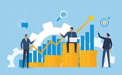 The Business Investors team are working together and analyzing profit charts. and business planning concept. flat vector illustration design. cartoon character activity
