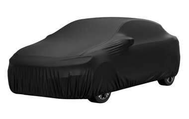 Car covered with black protective cloth isolated on a transparent background