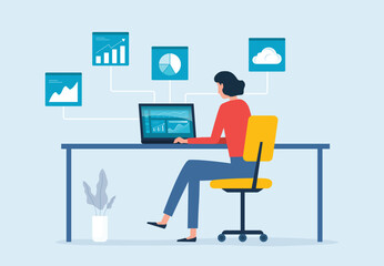 businesswoman working using a laptop with data dashboard information. flat vector illustration design data analytics concept. and business finance investment planning.

