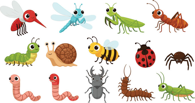 Cute Cartoon Insects and Bugs Vector Set with Beetle, Bee, Ant, Worm, Snail, Spider, and Grasshopper Characters for Kids Designs