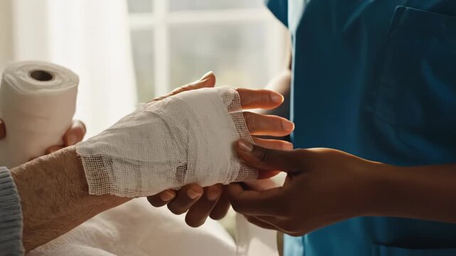 Healthcare worker applying a bandage to an elderly persons hand 4k video