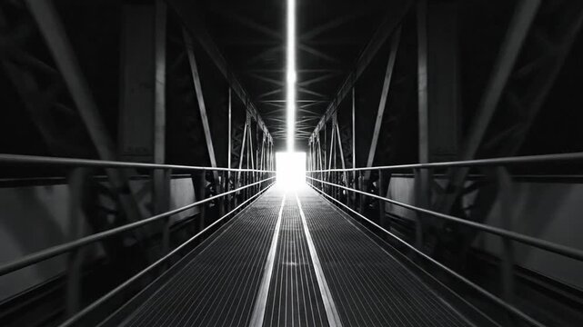 A monochromatic journey through a converging industrial tunnel, leading towards a brilliant, hopeful light at the distant horizon, symbolizing progress and an unknown future ahead