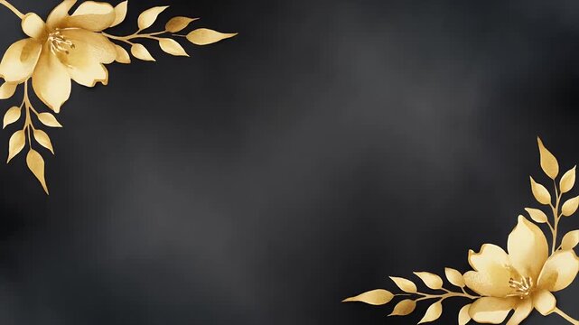 Golden watercolor-style flowers and leaves symmetrically adorn a rich black background a luxurious decorative frame
