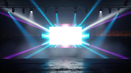 Bright Stage Lights Illuminating a Large Screen with Fog.