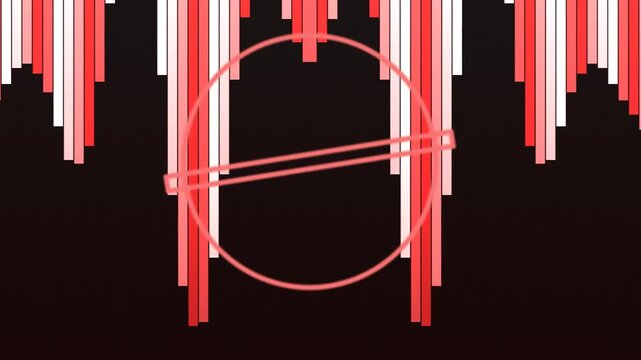 Abstract digital art with red and white vertical bars and a glowing red circle with parallel lines on a dark background.