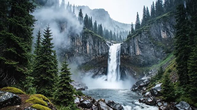 Powerful waterfall cascades down rocky cliffs into a misty, pine-lined mountain valley