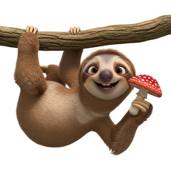 Obraz premium Playful sloth holding mushroom isolated on transparent background