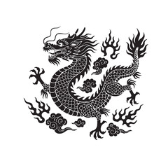 Fototapeta premium Intricate black and white dragon illustration featuring a Chinese mythical serpent motif with ornate scales and flames.