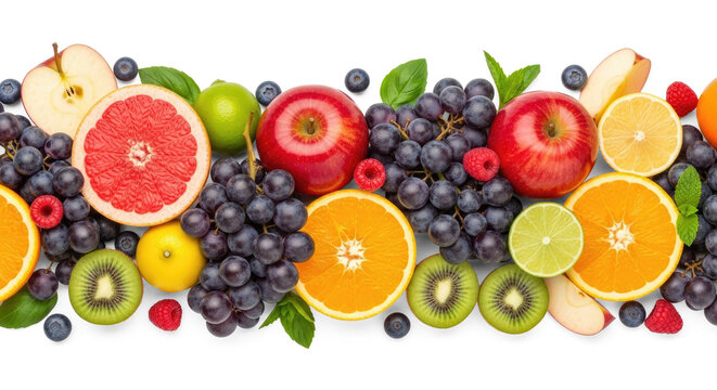 A colorful arrangement of fresh fruits, including apples, oranges, kiwi, and grapes, with a png transparent