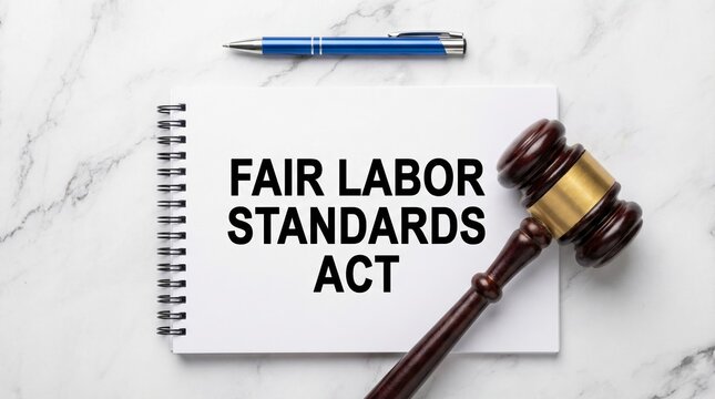 Fair Labor Standards Act text on notebook with judge gavel, FLSA law concept regarding wages overtime and child labor rights.